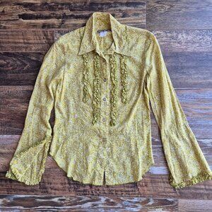 Vintage ANNA HULING Made In USA Floral Ruffle Pearl Snap Western Shirt Green